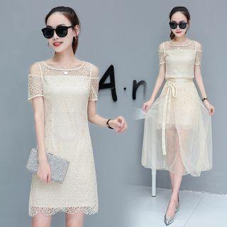 Set: Short-sleeve Lace A-line Dress + Sheer Cover
