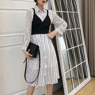 Long Sleeve Striped Shirtdress / Spaghetti-strap Cropped Vest
