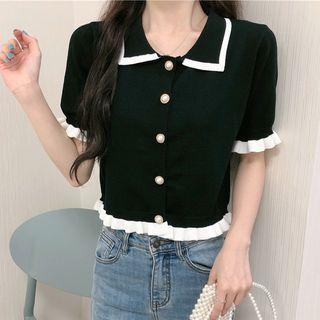 Short-sleeve Collar Contrast Trim Knit Top Black - One Size