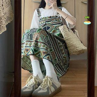 Set: Elbow-sleeve T-shirt + Patterned Midi A-line Overall Dress Green - One Size