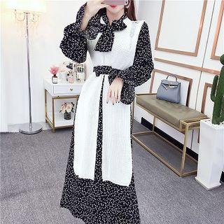 Set:plain Vest + Polka Dot Ribbon Long-sleeve Dress