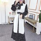 Set:plain Vest + Polka Dot Ribbon Long-sleeve Dress