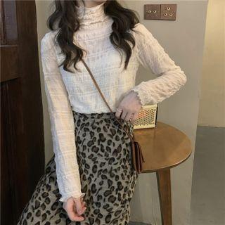 Long-sleeve Turtleneck Lace Top Light Almond - One Size