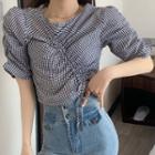 Balloon-sleeve Drawstring Gingham Blouse