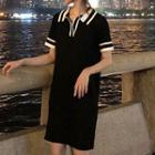 Contrast Trim Short-sleeve Polo Shirt Dress Black - One Size