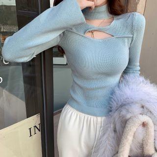 Choker-neck Cutout Ribbed Knit Top