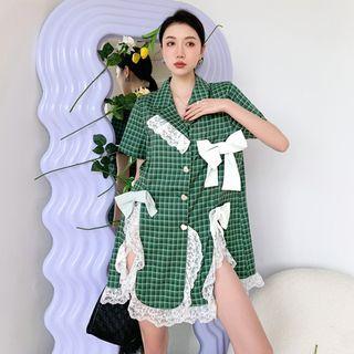 Short-sleeve Check Lace Trim Mini Shirt Dress