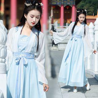 Set: Embroidered Camisole Top + Open Front Light Jacket + Maxi A-line Skirt