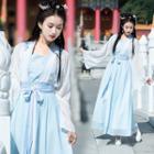Set: Embroidered Camisole Top + Open Front Light Jacket + Maxi A-line Skirt