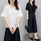Set: V-neck Short-sleeve Blouse + Capri Wide Leg Pants
