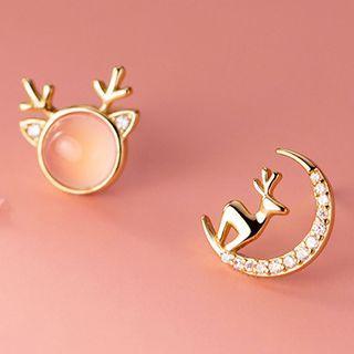 Moon & Deer Rhinestone Sterling Silver Earring S925 Silver - 1 Pair - Gold - One Size