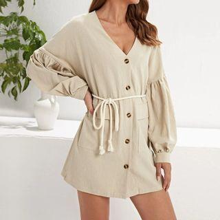 Long-sleeve V-neck Sashed Button-up Mini Dress