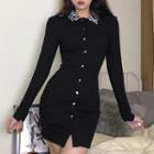 Zebra Print Collar Long-sleeve Sheath Dress