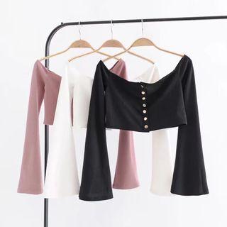 Bell-sleeve Off-shoulder Button-up Crop Top