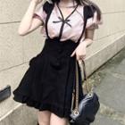 Dotted Short-sleeve Blouse / Mini Suspender Skirt