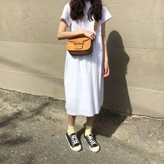 Plain Short Sleeve Collared Midi Dress