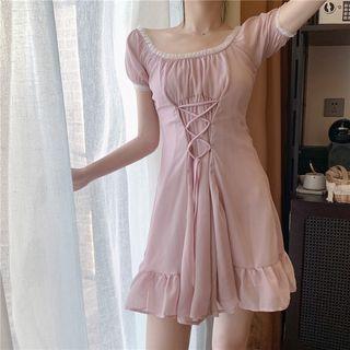 Plain Lace-up Dress Mauve Pink - One Size