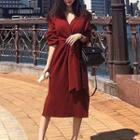 V-neck Long-sleeve Knit A-line Midi Dress