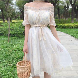Short-sleeve Off-shoulder Floral Printed A-line Dress