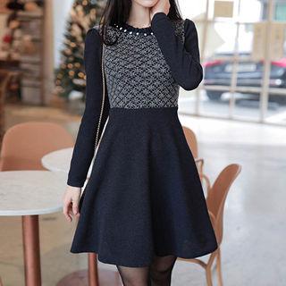 Faux-pearl Tweed-panel Flare Dress