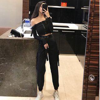 Off-shoulder Long-sleeve Slim-fit Top / Cargo Pants