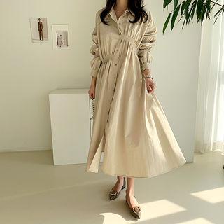 Shirred Asymmetric Long Shirtdress Beige - One Size