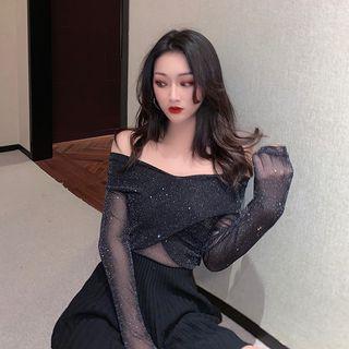 Off-shoulder Long-sleeve Mesh Top