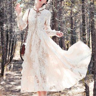 Stand Collar Tie-neck Lace Maxi Dress