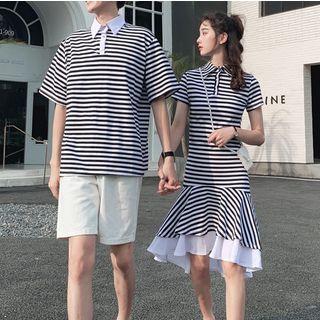 Couple Matching Striped Short-sleeve Polo Shirt / Short-sleeve Collared Dress / Plain Shorts
