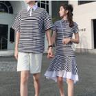 Couple Matching Striped Short-sleeve Polo Shirt / Short-sleeve Collared Dress / Plain Shorts