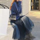Set: Mock Neck Cable-knit Sweater + Midi Mesh-overlay A-line Skirt