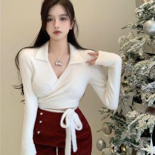 Long-sleeve Collared Tie-waist Knit Top / High Waist Shorts