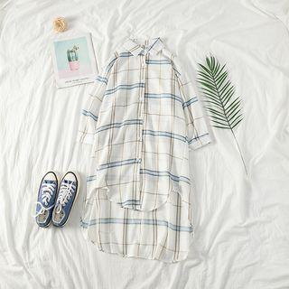 Check Loose-fit Dip-back Shirtdress Shirt + Shawl - One Size