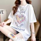 Short-sleeve Ruffle Heart Print T-shirt