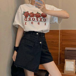 Short-sleeve Floral Print T-shirt / Denim Skort