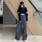 Cutout Long-sleeve Cropped Top / Plaid Loose-fit Pants