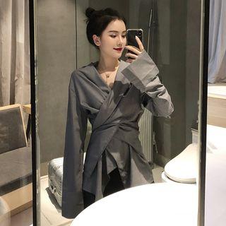 Plain Long-sleeve Slim-fit Shirt Dark Gray - One Size