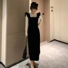 Set: Mock-neck Long-sleeve T-shirt + Midi Overall Dress