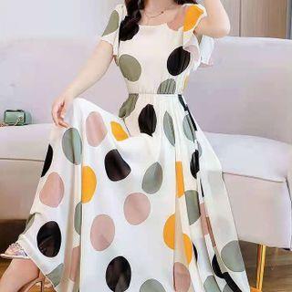 Square-neck Dotted Short-sleeve Maxi Dress