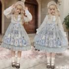 Printed Long-sleeve Midi A-line Dress / Lace Trim Bonnet Hat