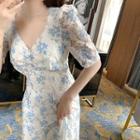 Short-sleeve V-neck Floral Lace Maxi Dress