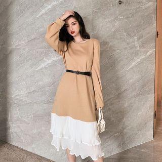 Two-tone Long-sleeve Midi Shift Dress