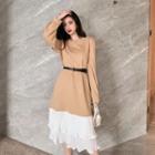 Two-tone Long-sleeve Midi Shift Dress