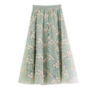 Floral Mesh Midi Skirt Green - One Size