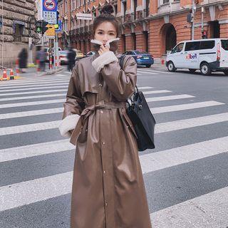 Fleece Trim Long Faux Leather Coat