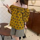 Puff-sleeve Off-shoulder Floral Print Top Brownish Yellow - One Size