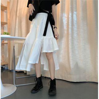 Bow Lace-ups Short-sleeve T-shirt + Plain Asymmetrical Midi Skirt