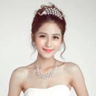 Bridal Set: Rhinestone Hair Comb + Clip-on Earrings + Faux Pearl Necklace