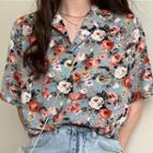 Short-sleeve Lapel Collar Flower Blouse As The Picture Shows - One Size