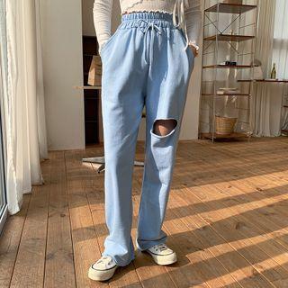 Drawstring-waist Cutout Wide-leg Pants